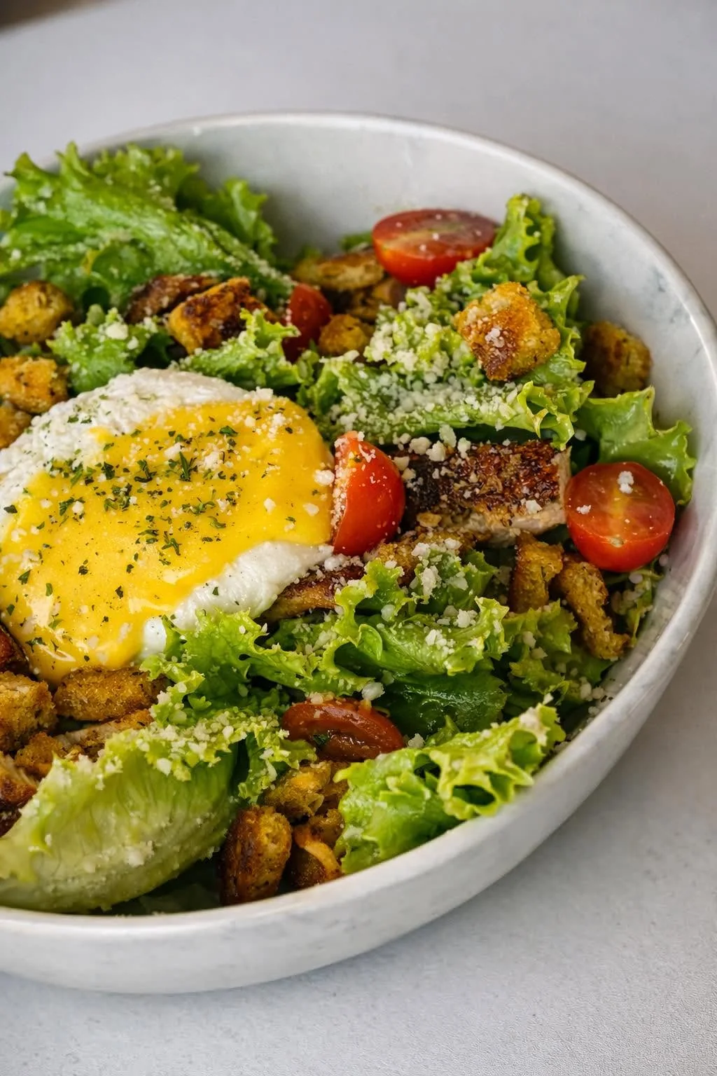 Fresh greens, tomatoes, croutons and a sunny-side-up egg